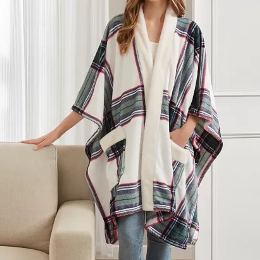 Plaid Blanket Cardi Cozy Cabin Plush Printed Wrap Loungewear NIB